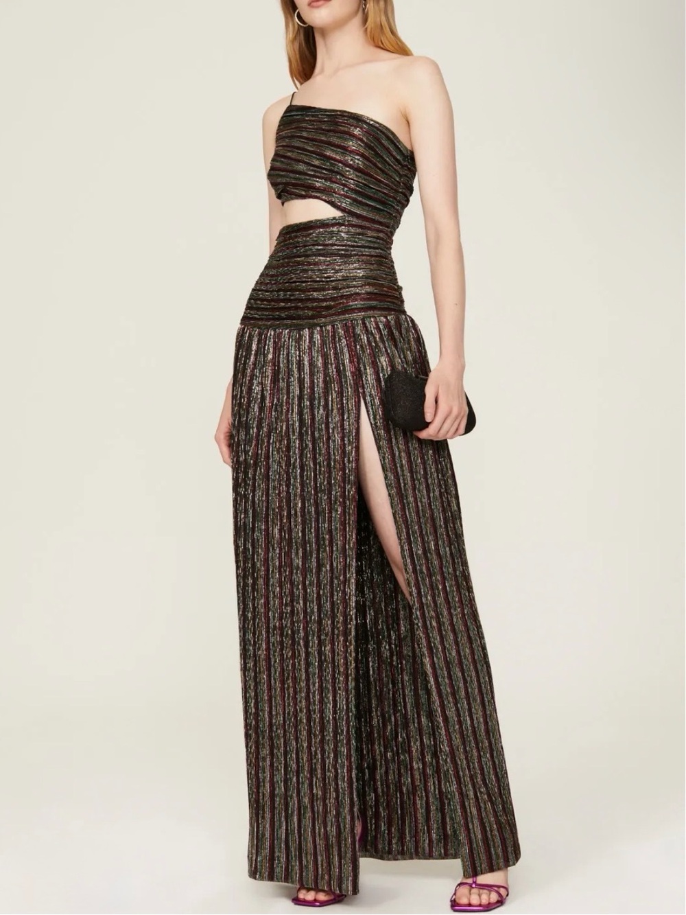Rebecca Vallance Ronnie Metallic Asymmetric Cutout High Slit Gown 2